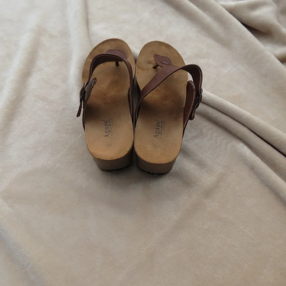 Agape Collection Sandals Womens 10 Brown Wedge Thong Buckle Platform Comfort